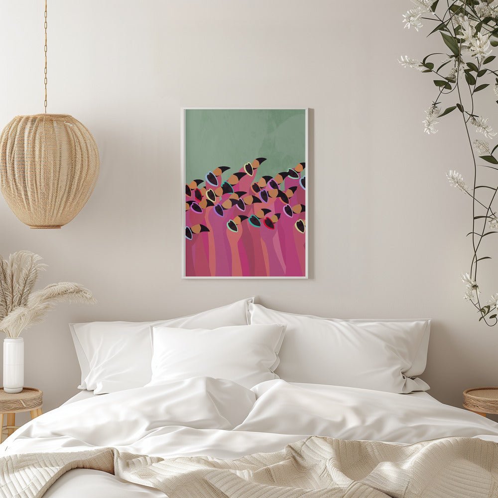 Flock Flamingos green - Stretched Canvas, Poster or Fine Art Print - I Heart Wall Art - Poster Print, Canvas Print or Framed Art Print