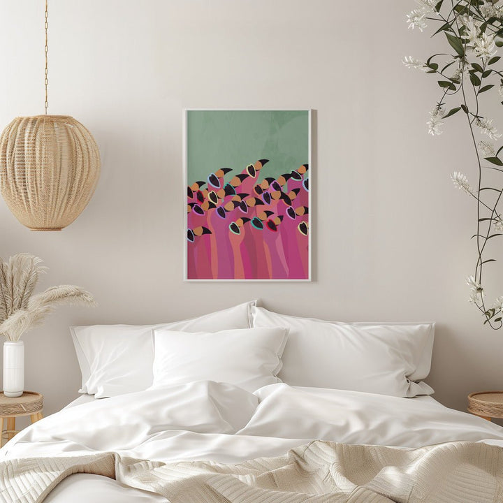 Flock Flamingos green - Stretched Canvas, Poster or Fine Art Print - I Heart Wall Art - Poster Print, Canvas Print or Framed Art Print