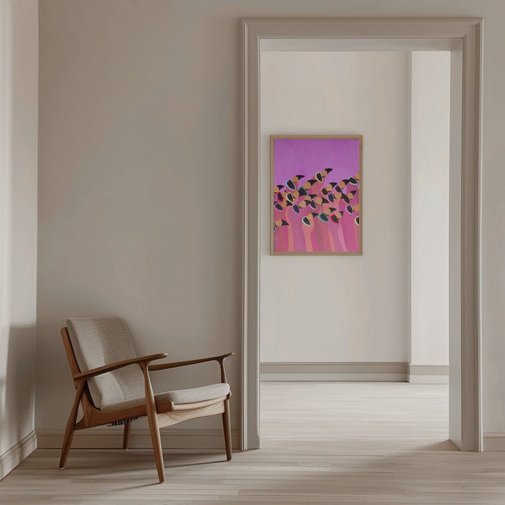 Flock flamingos pink - Stretched Canvas, Poster or Fine Art Print - I Heart Wall Art - Poster Print, Canvas Print or Framed Art Print