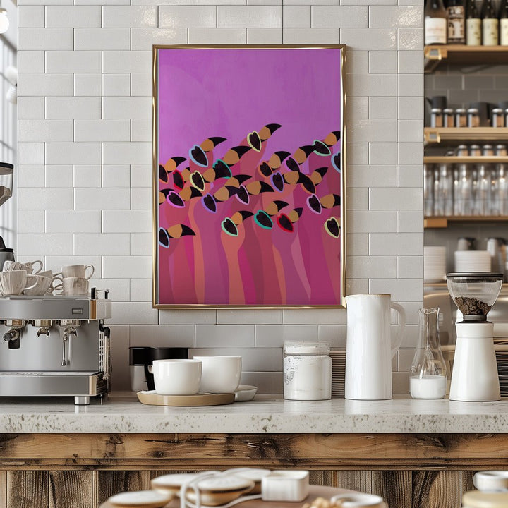 Flock flamingos pink - Stretched Canvas, Poster or Fine Art Print - I Heart Wall Art - Poster Print, Canvas Print or Framed Art Print