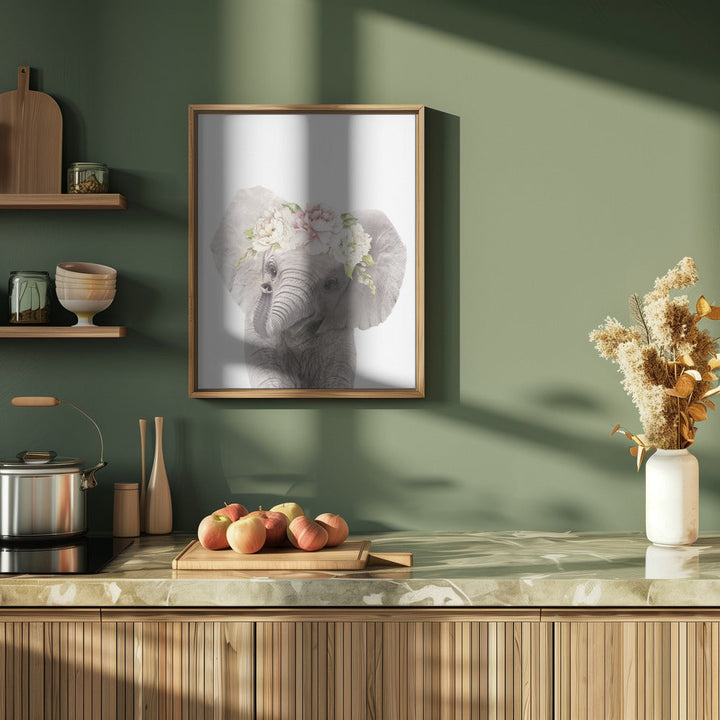 Floral Baby Elephant - Stretched Canvas, Poster or Fine Art Print I Heart Wall Art