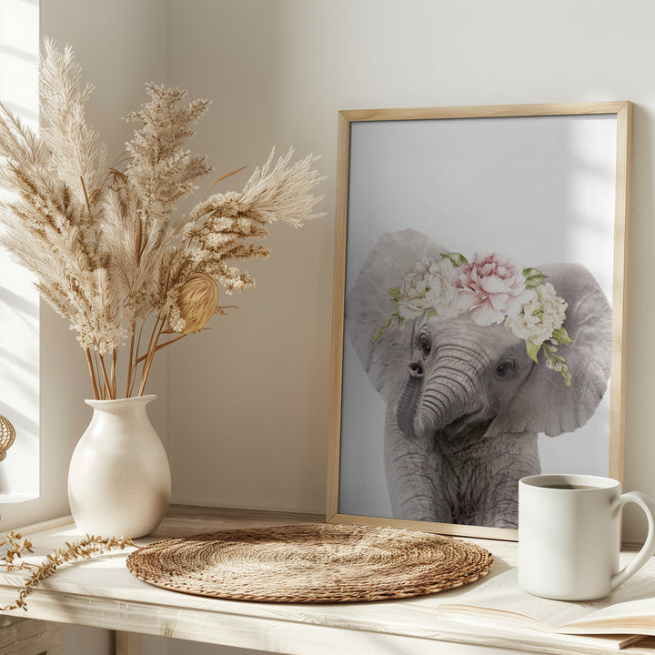 Floral Baby Elephant - Stretched Canvas, Poster or Fine Art Print I Heart Wall Art