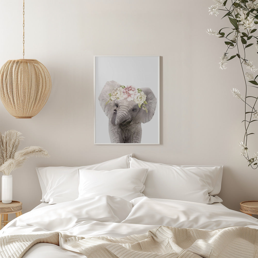 Floral Baby Elephant - Stretched Canvas, Poster or Fine Art Print I Heart Wall Art