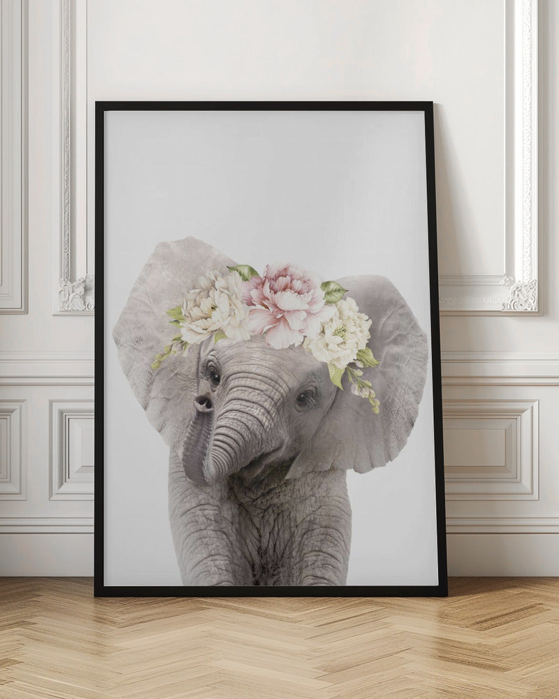 Floral Baby Elephant - Stretched Canvas, Poster or Fine Art Print I Heart Wall Art
