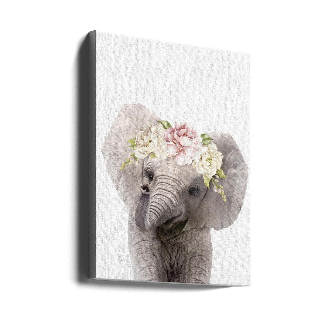 Floral Baby Elephant - Stretched Canvas, Poster or Fine Art Print I Heart Wall Art