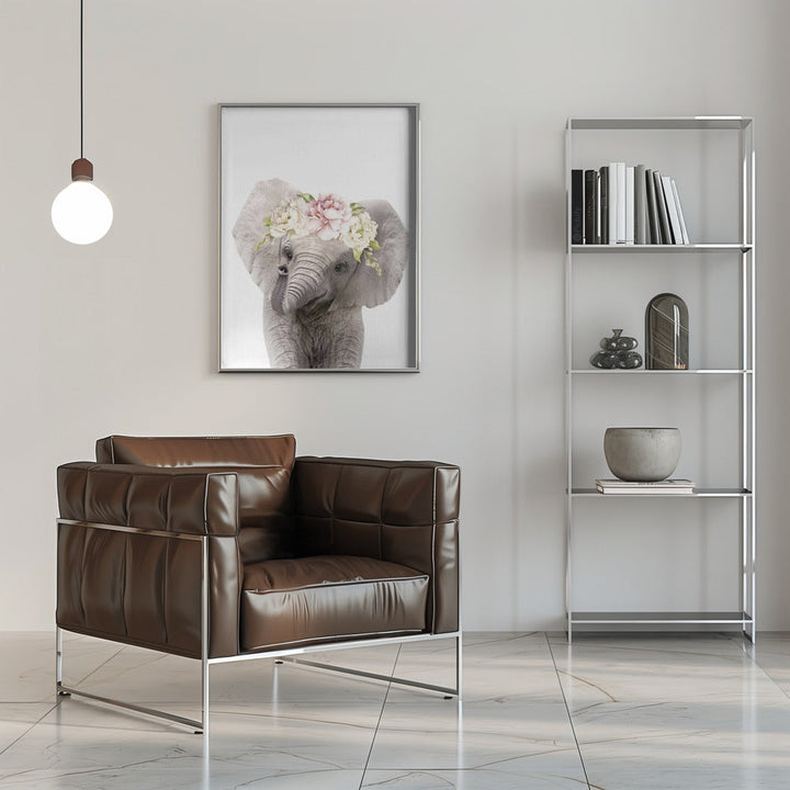 Floral Baby Elephant - Stretched Canvas, Poster or Fine Art Print I Heart Wall Art