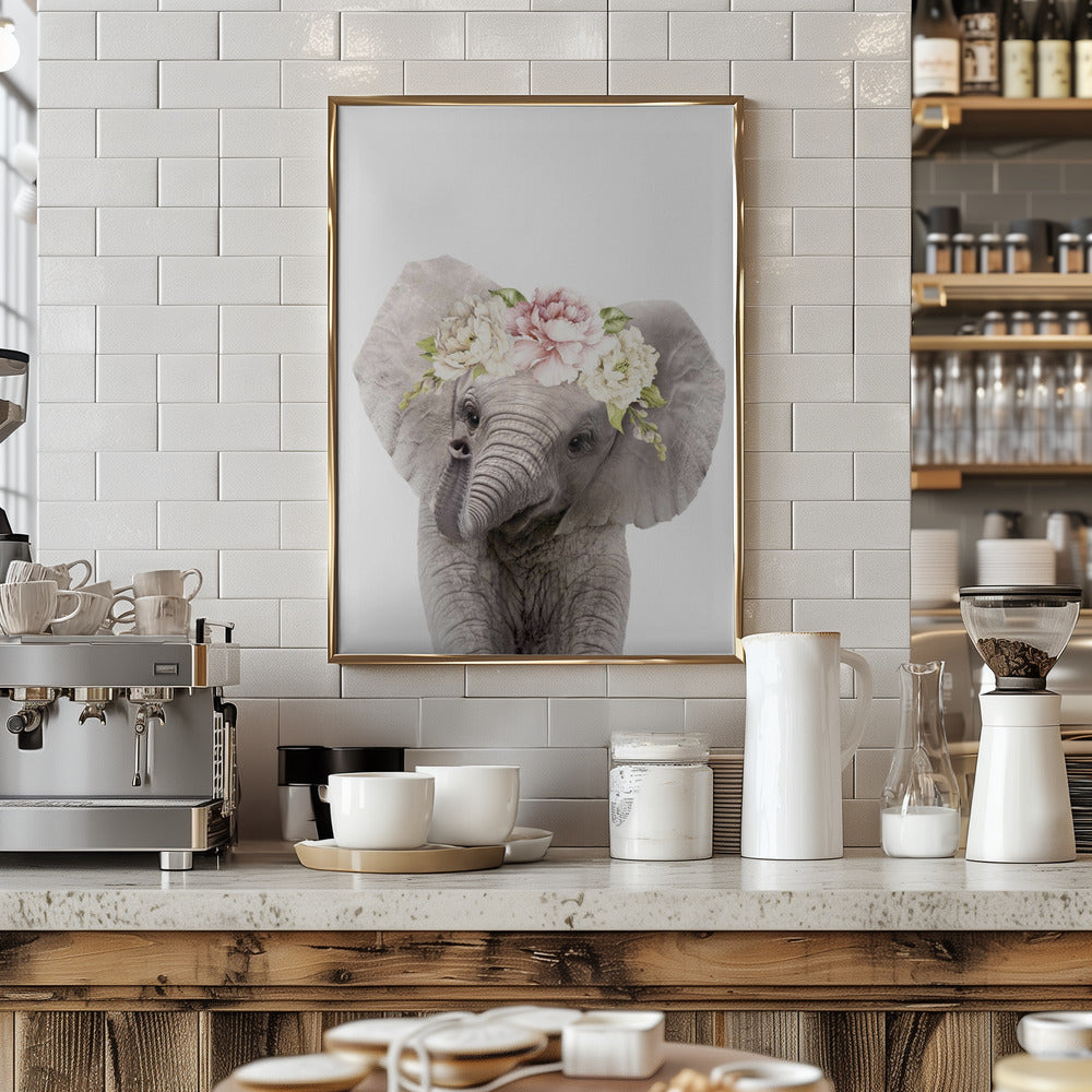 Floral Baby Elephant - Stretched Canvas, Poster or Fine Art Print I Heart Wall Art