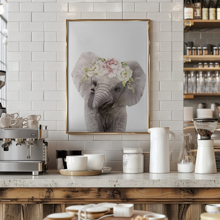Floral Baby Elephant - Stretched Canvas, Poster or Fine Art Print I Heart Wall Art