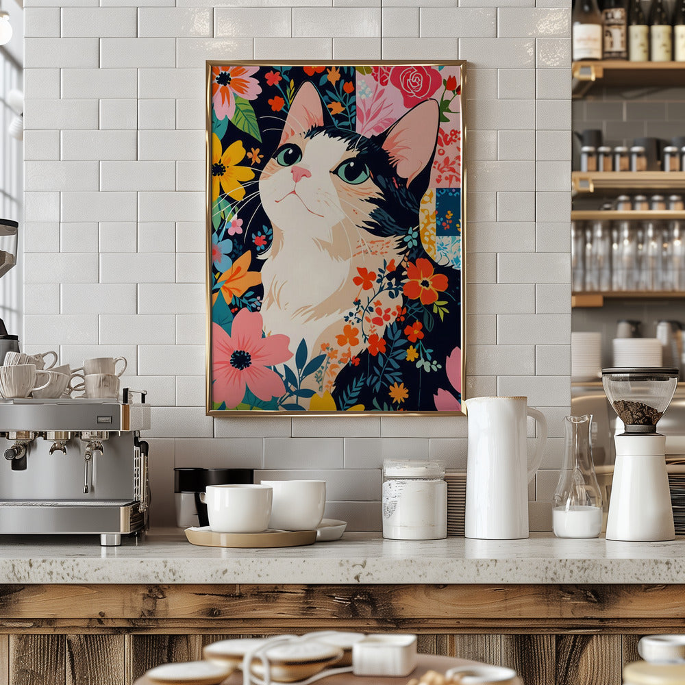 Floral Patchwork Cat - Stretched Canvas, Poster or Fine Art Print I Heart Wall Art