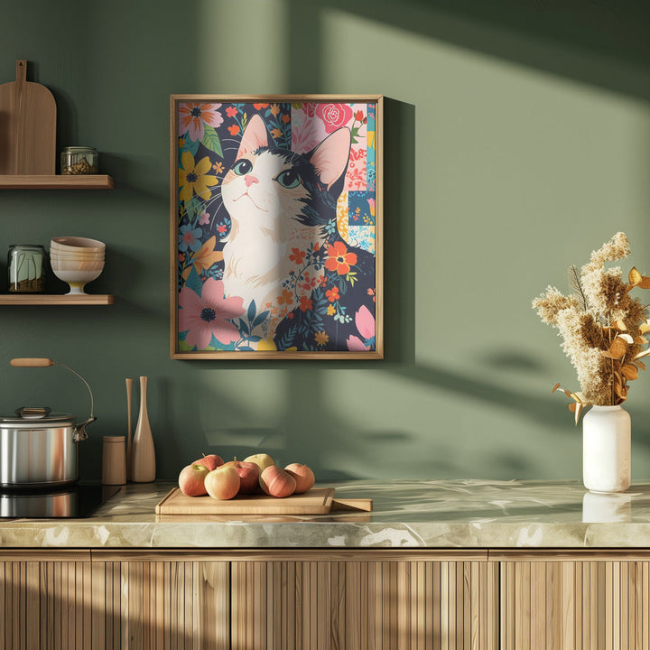 Floral Patchwork Cat - Stretched Canvas, Poster or Fine Art Print I Heart Wall Art