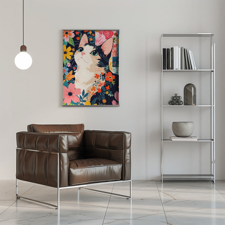 Floral Patchwork Cat - Stretched Canvas, Poster or Fine Art Print I Heart Wall Art