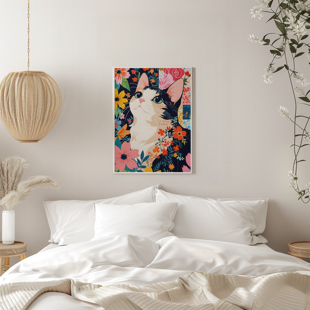 Floral Patchwork Cat - Stretched Canvas, Poster or Fine Art Print I Heart Wall Art