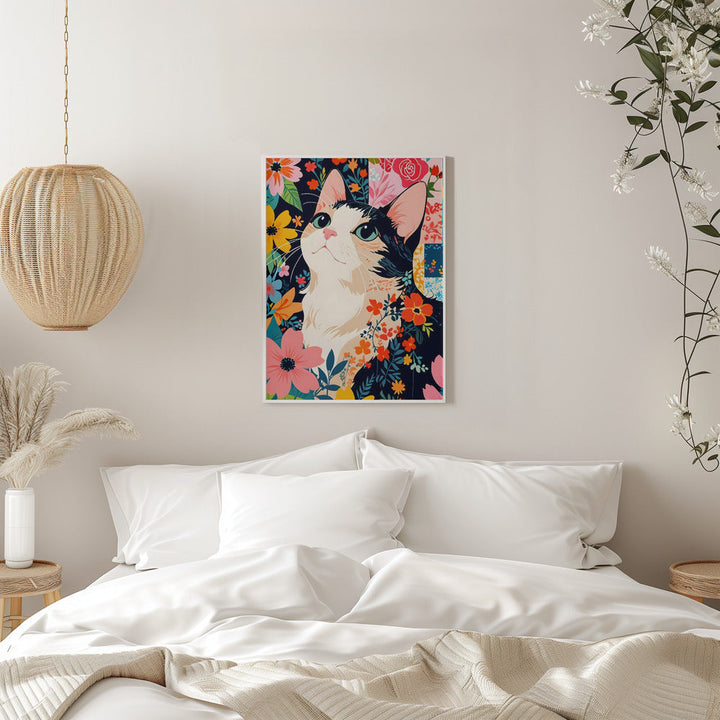 Floral Patchwork Cat - Stretched Canvas, Poster or Fine Art Print I Heart Wall Art