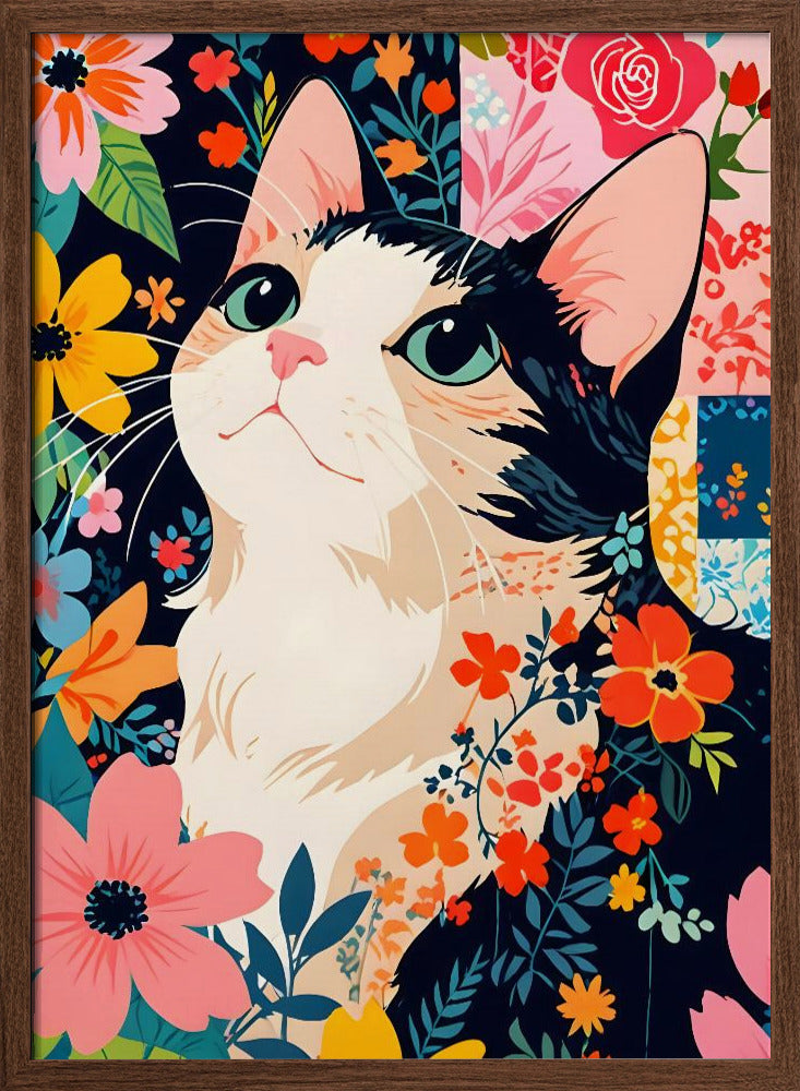 Floral Patchwork Cat - Stretched Canvas, Poster or Fine Art Print I Heart Wall Art
