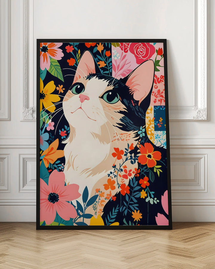 Floral Patchwork Cat - Stretched Canvas, Poster or Fine Art Print I Heart Wall Art