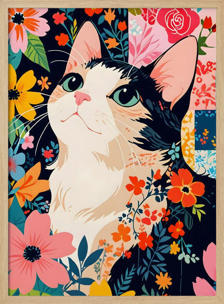 Floral Patchwork Cat - Stretched Canvas, Poster or Fine Art Print I Heart Wall Art