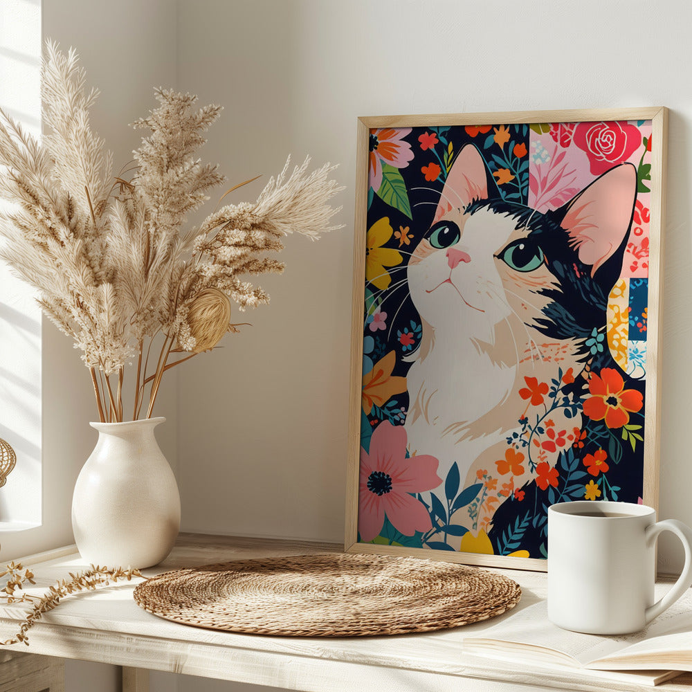 Floral Patchwork Cat - Stretched Canvas, Poster or Fine Art Print I Heart Wall Art