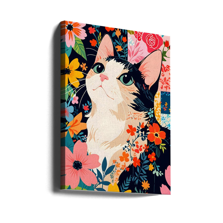 Floral Patchwork Cat - Stretched Canvas, Poster or Fine Art Print I Heart Wall Art