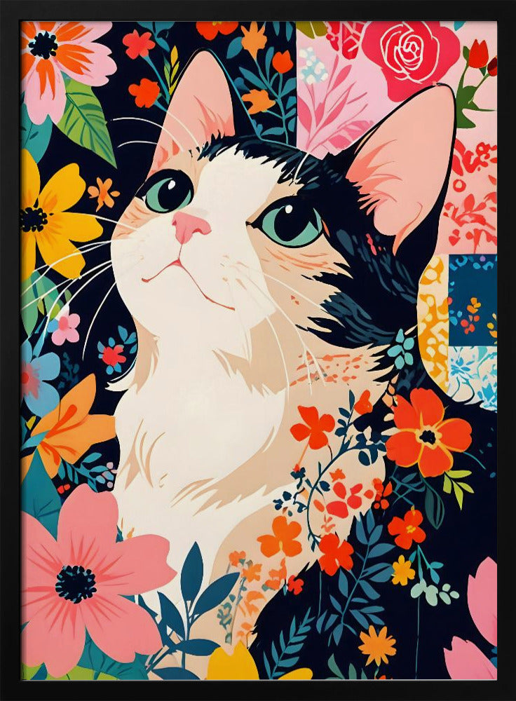 Floral Patchwork Cat - Stretched Canvas, Poster or Fine Art Print I Heart Wall Art