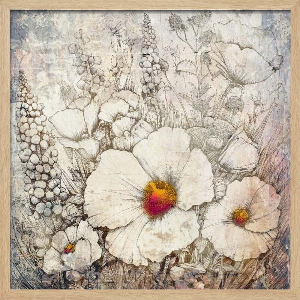 Floral Vintage Art Illustration 23 - Square Stretched Canvas, Poster or Fine Art Print I Heart Wall Art