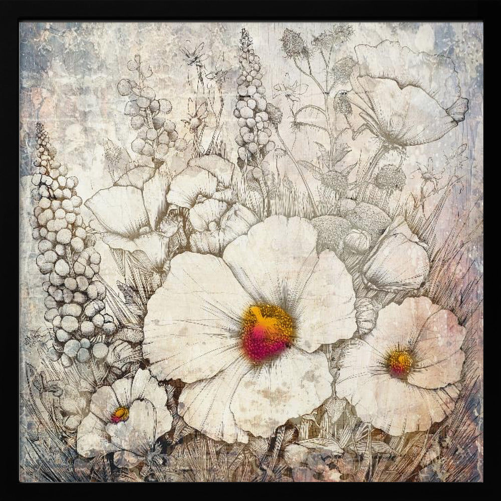 Floral Vintage Art Illustration 23 - Square Stretched Canvas, Poster or Fine Art Print I Heart Wall Art