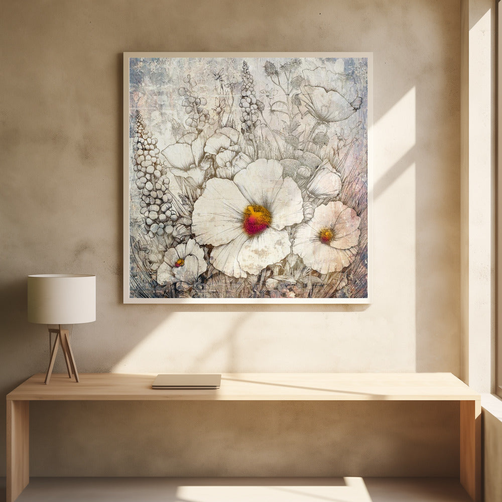 Floral Vintage Art Illustration 23 - Square Stretched Canvas, Poster or Fine Art Print I Heart Wall Art