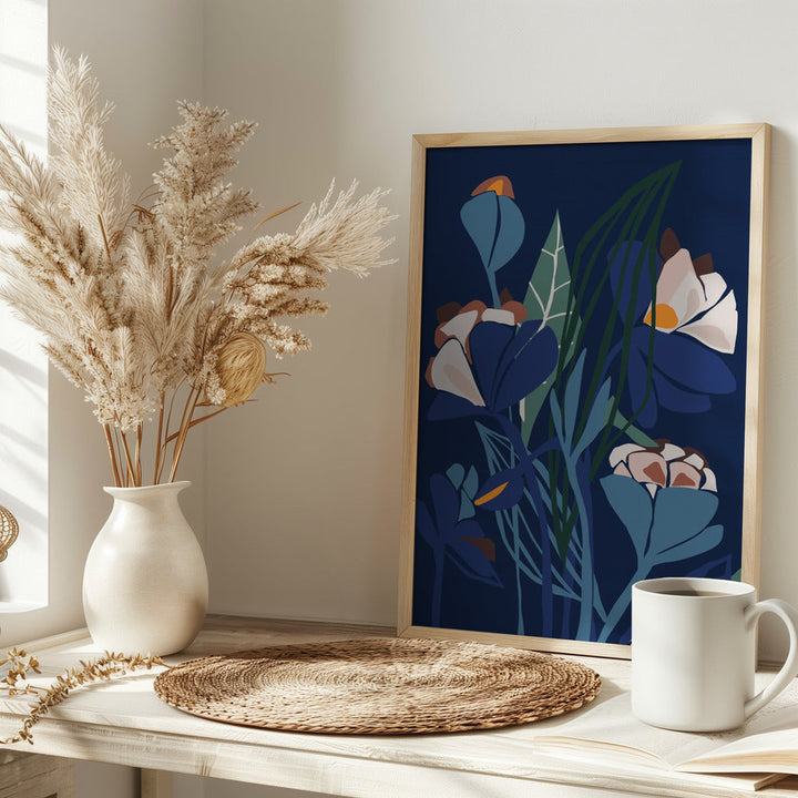 Florals At Night – Modern Illustration - Stretched Canvas, Poster or Fine Art Print I Heart Wall Art