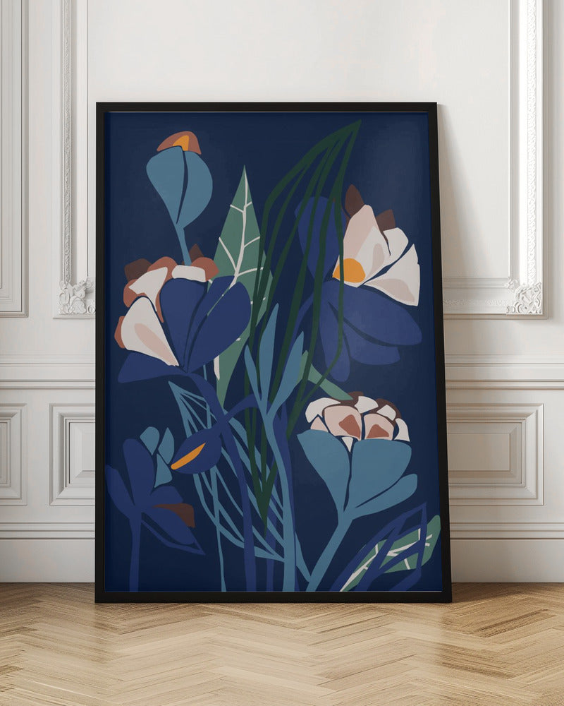 Florals At Night – Modern Illustration - Stretched Canvas, Poster or Fine Art Print I Heart Wall Art