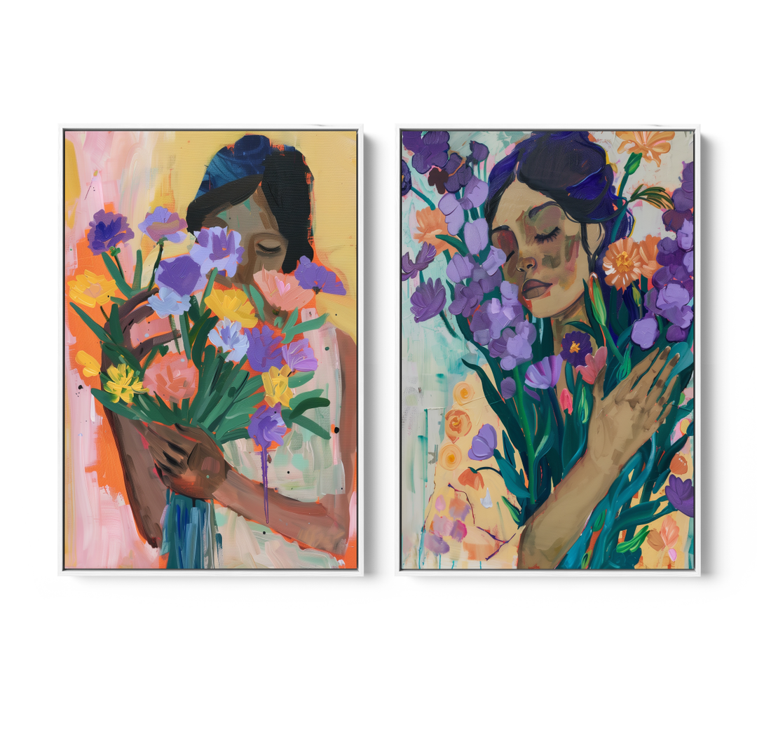 Flower Heart - Two Piece Colourful Floral Abstract Print Set - I Heart Wall Art - Poster Print, Canvas Print or Framed Art Print