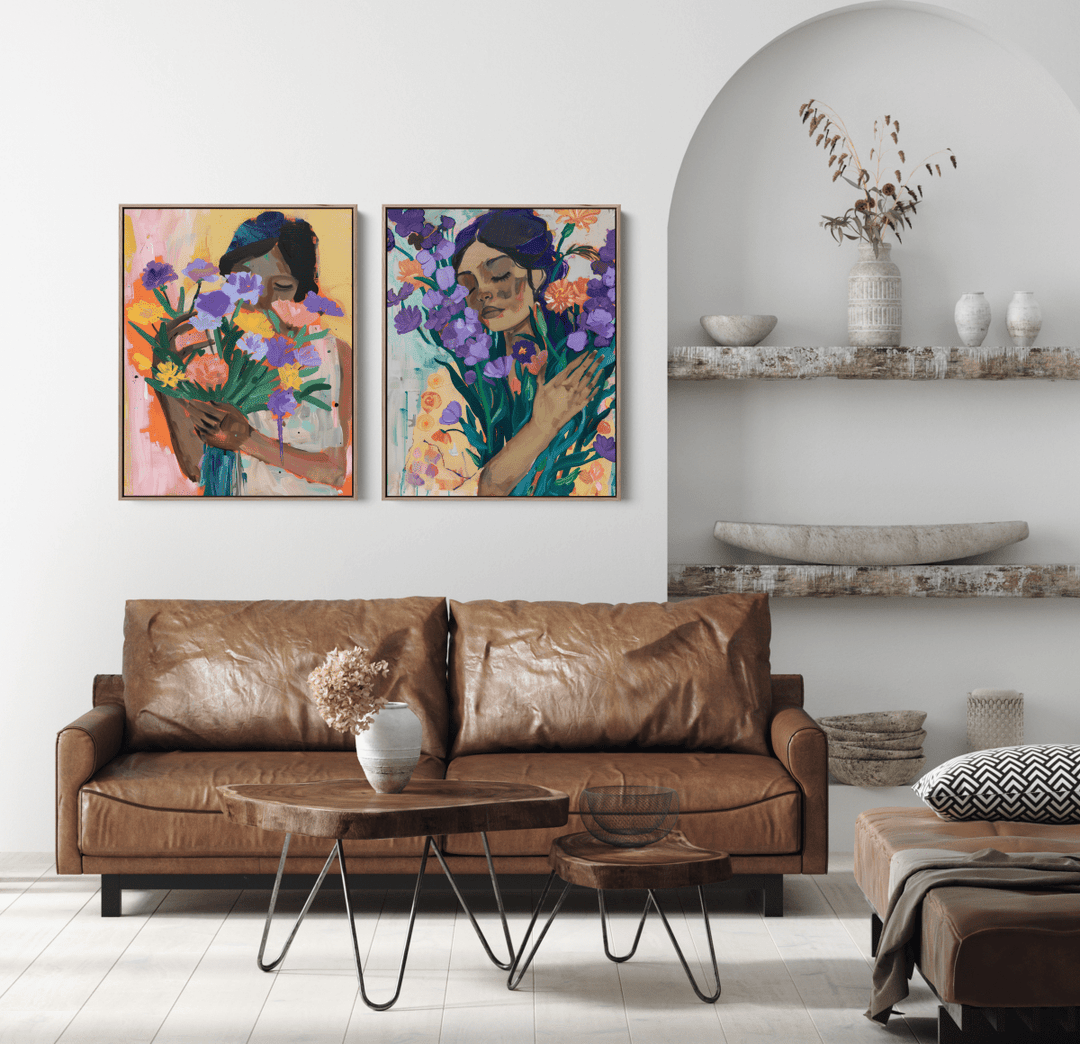 Flower Heart - Two Piece Colourful Floral Abstract Print Set - I Heart Wall Art - Poster Print, Canvas Print or Framed Art Print