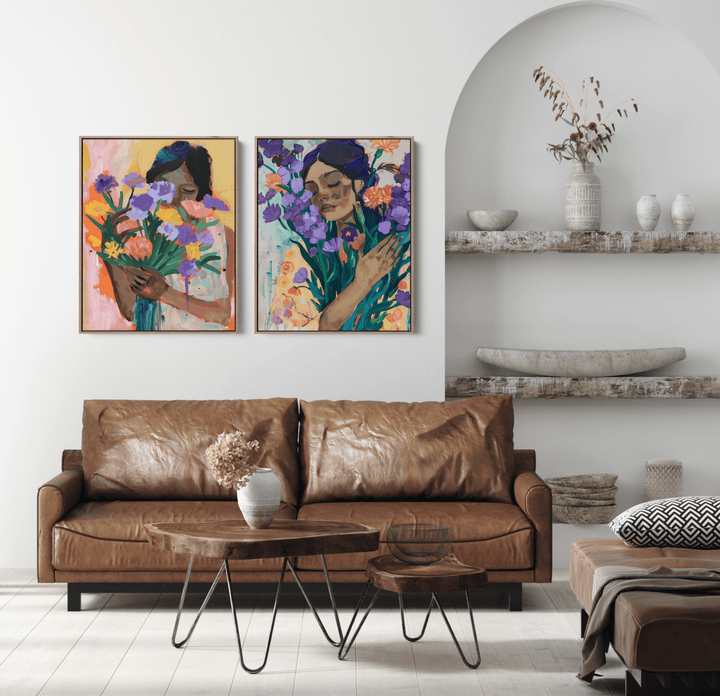Flower Heart - Two Piece Colourful Floral Abstract Print Set - I Heart Wall Art - Poster Print, Canvas Print or Framed Art Print