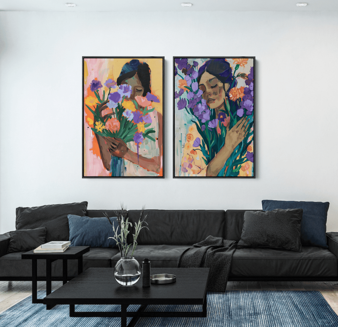 Flower Heart - Two Piece Colourful Floral Abstract Print Set - I Heart Wall Art - Poster Print, Canvas Print or Framed Art Print