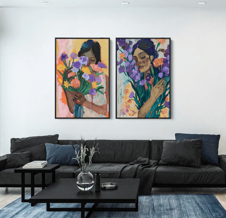 Flower Heart - Two Piece Colourful Floral Abstract Print Set - I Heart Wall Art - Poster Print, Canvas Print or Framed Art Print