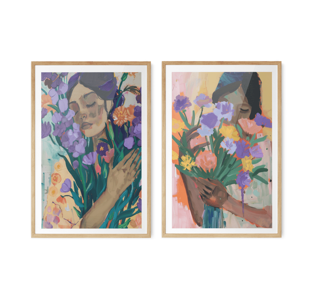 Flower Heart - Two Piece Colourful Floral Abstract Print Set - I Heart Wall Art - Poster Print, Canvas Print or Framed Art Print