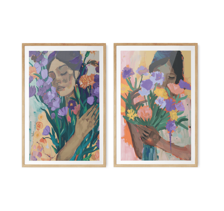 Flower Heart - Two Piece Colourful Floral Abstract Print Set - I Heart Wall Art - Poster Print, Canvas Print or Framed Art Print