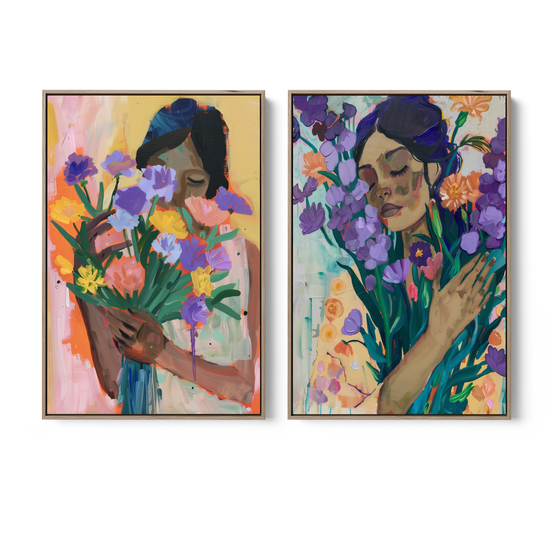 Flower Heart - Two Piece Colourful Floral Abstract Print Set - I Heart Wall Art - Poster Print, Canvas Print or Framed Art Print