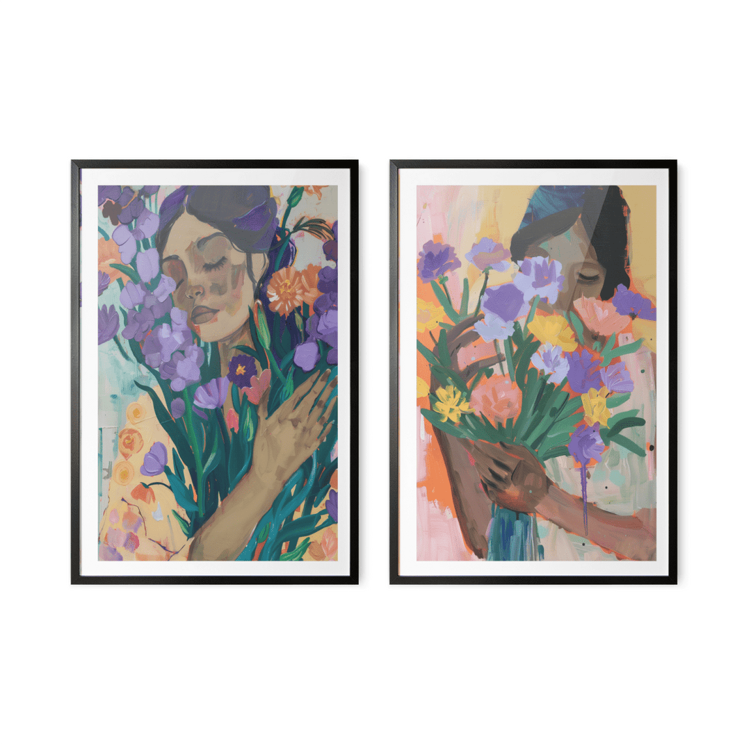 Flower Heart - Two Piece Colourful Floral Abstract Print Set - I Heart Wall Art - Poster Print, Canvas Print or Framed Art Print