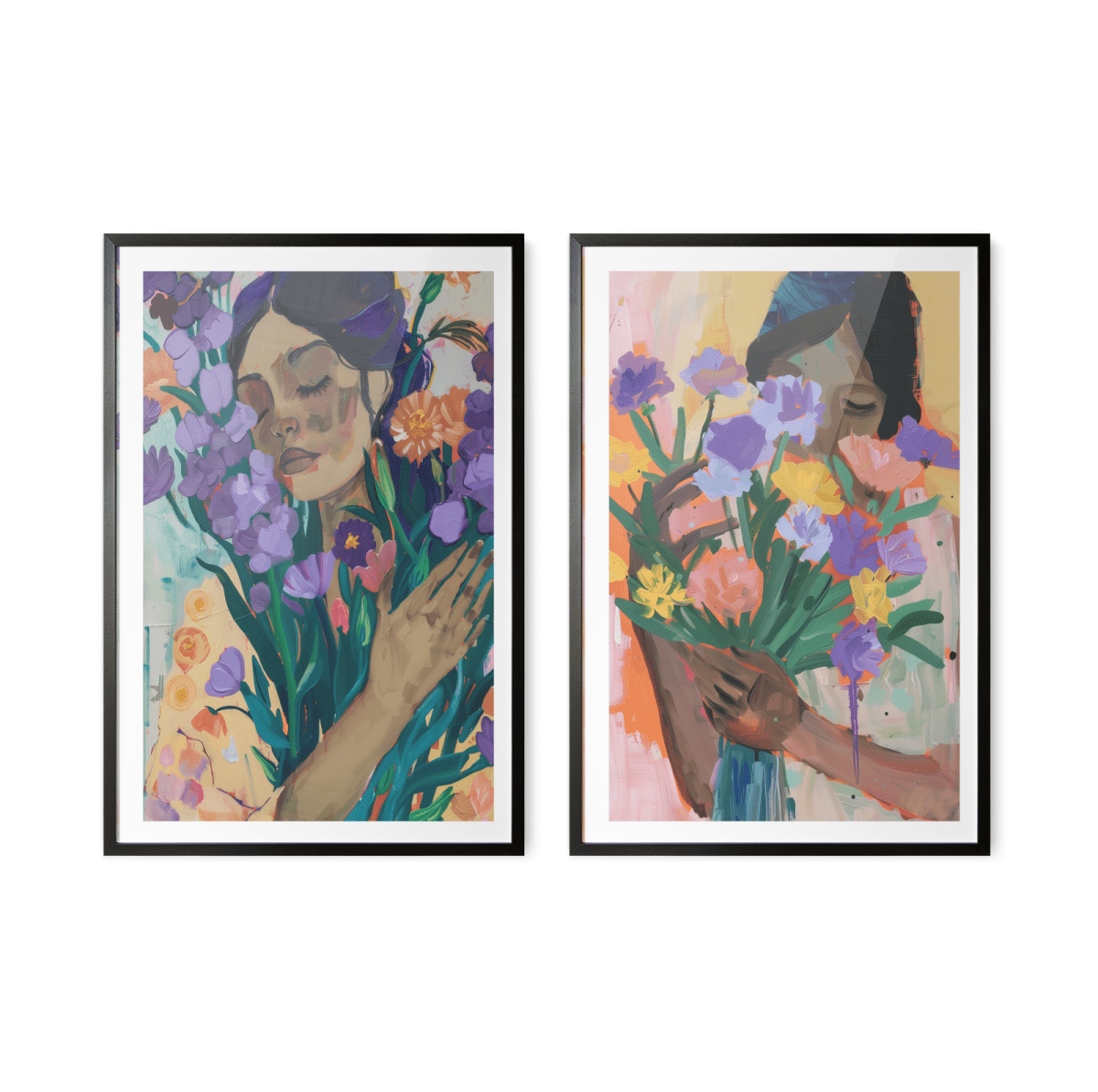 Flower Heart - Two Piece Colourful Floral Abstract Print Set - I Heart Wall Art - Poster Print, Canvas Print or Framed Art Print