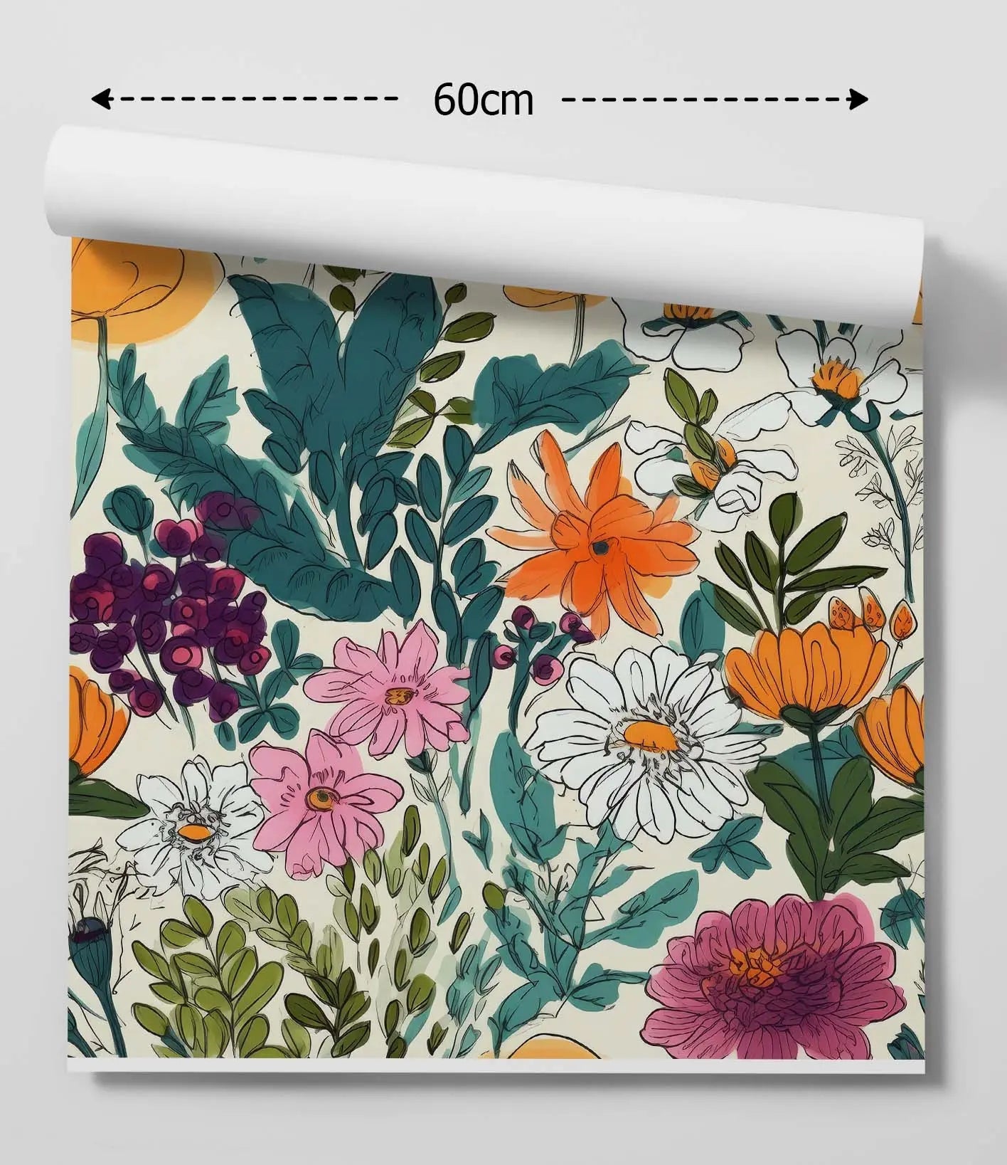 A vibrant flower market design a colourful removable wallpaper roll with orange pink white and purple flowers on off white
