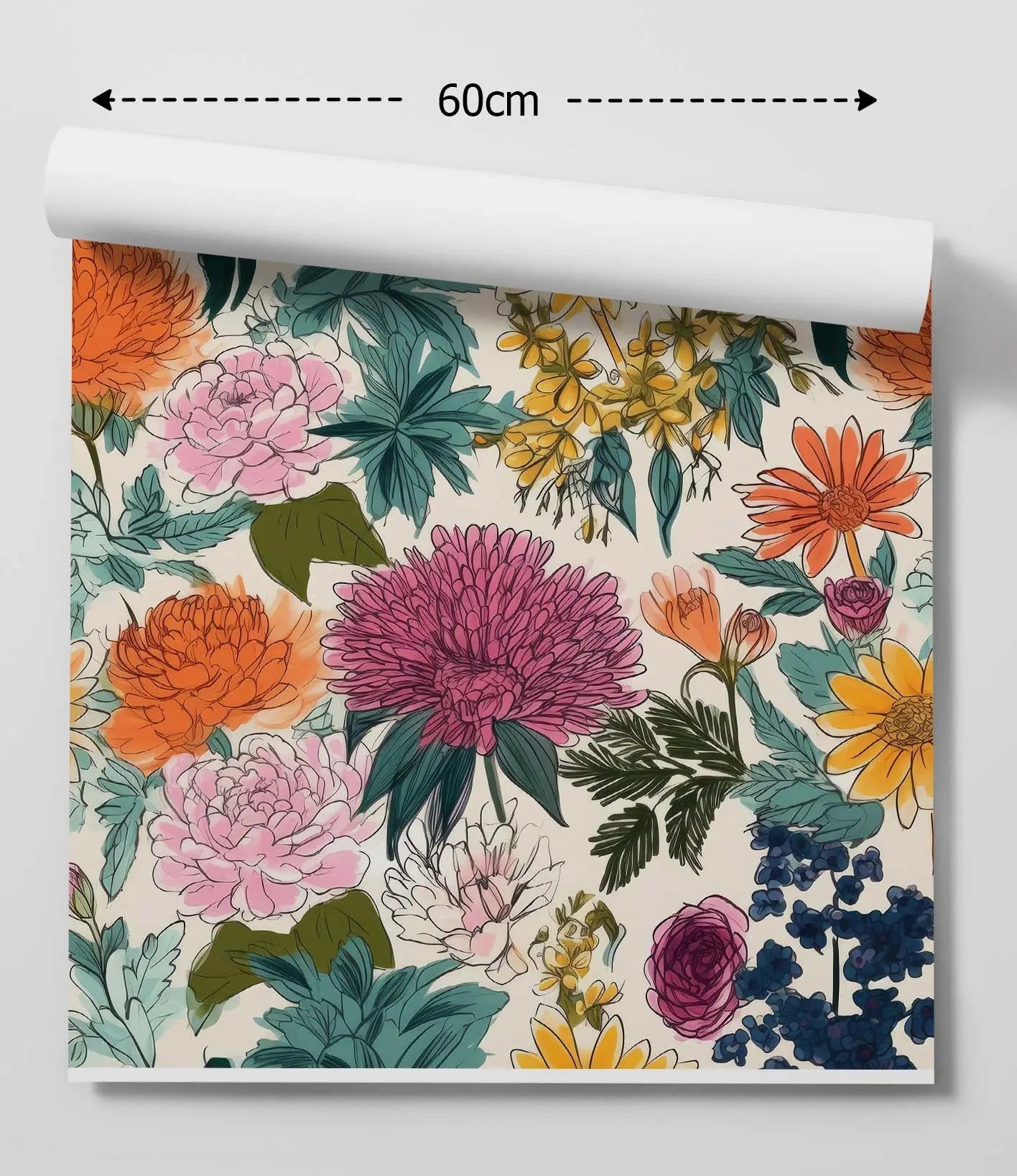 Flower Market Design B colourful removable wallpaper roll with vibrant illustrated pink orange yellow and blue flowers on off white