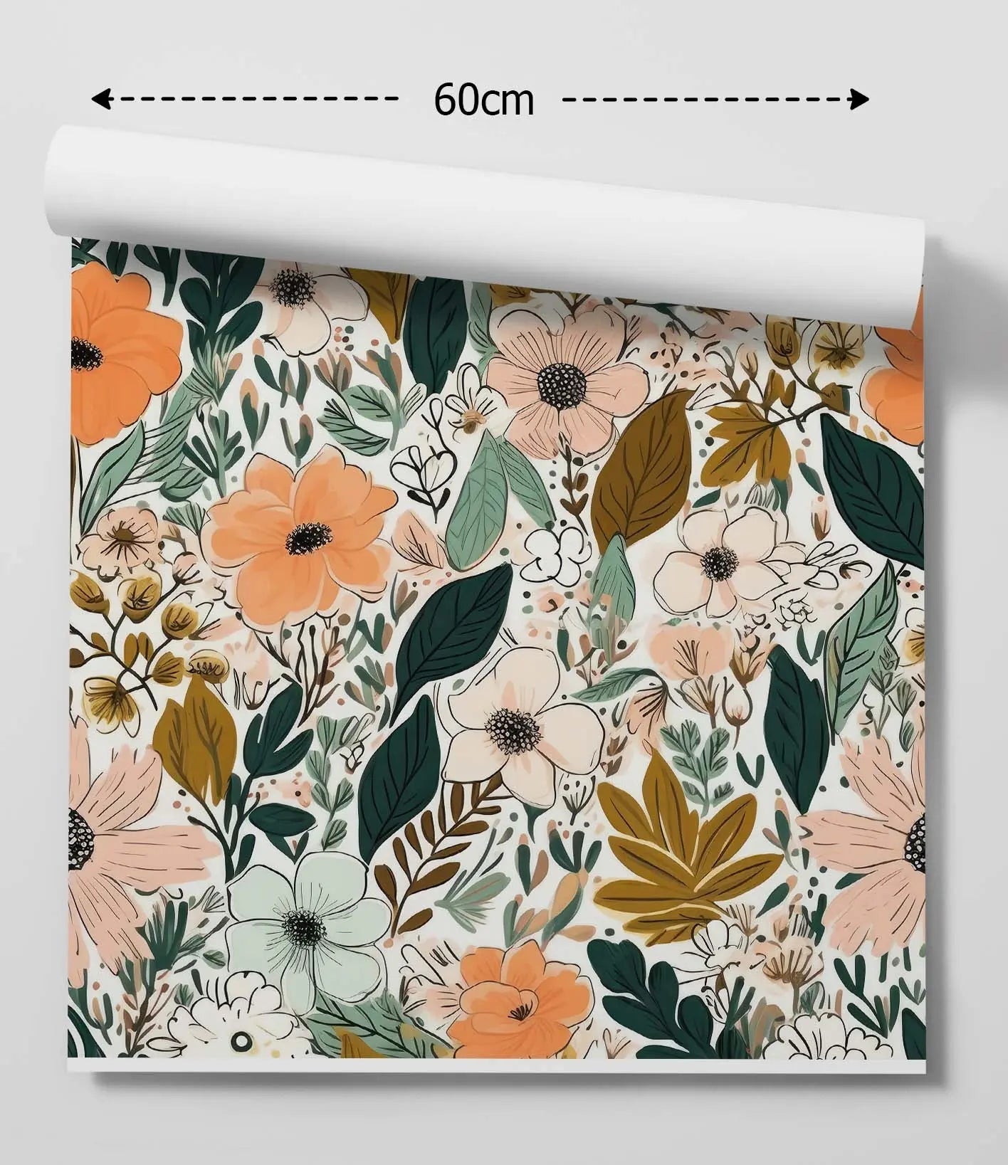 A 60cm roll of flower market design c colourful removable wallpaper with vibrant orange peach cream blossoms and green leaves