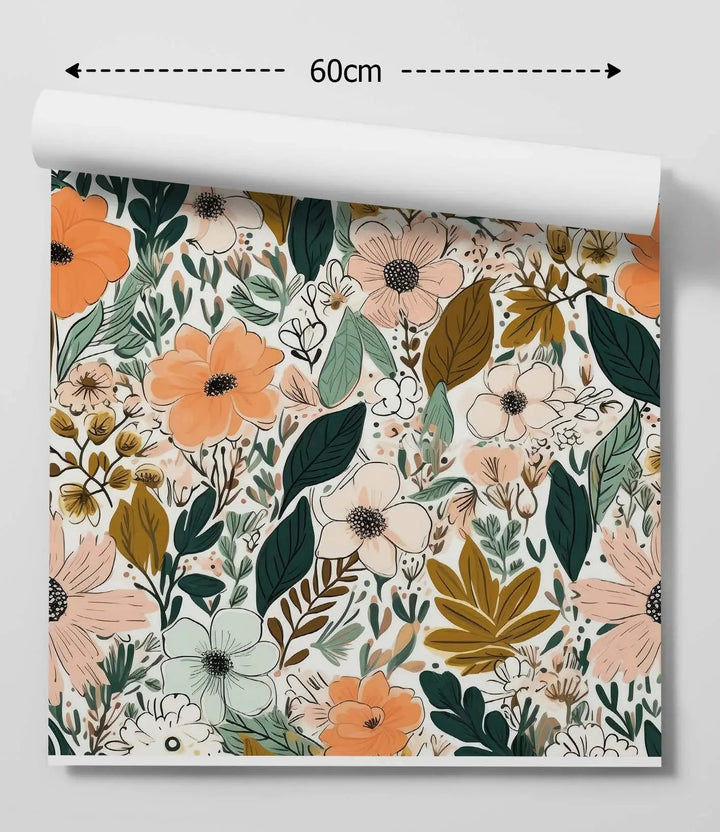 A 60cm roll of flower market design c colourful removable wallpaper with vibrant orange peach cream blossoms and green leaves