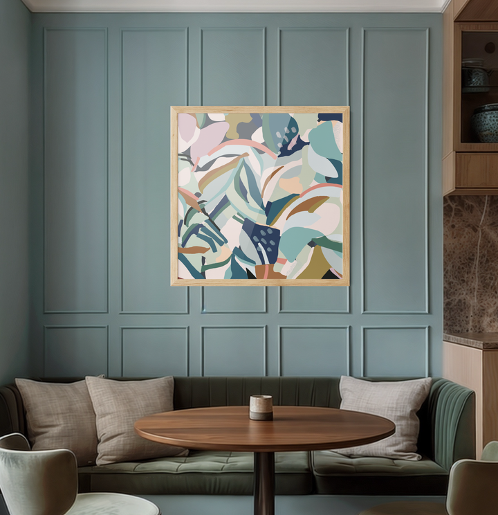 Flurry original abstract canvas artwork featuring soft pastel pink teal cream and olive green tones in light wood frame