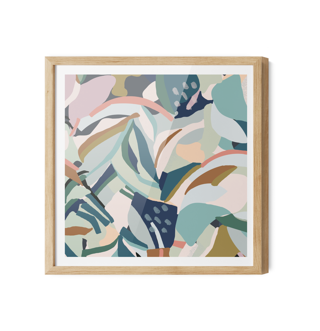 Flurry original abstract canvas artwork featuring a square-framed botanical print in pastel green blue and beige tones