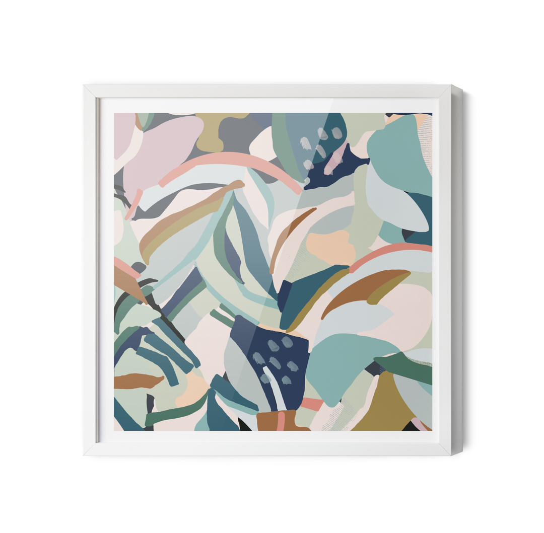 Flurry original abstract canvas artwork featuring modern stylized leaves in soft pastel and muted earth tones