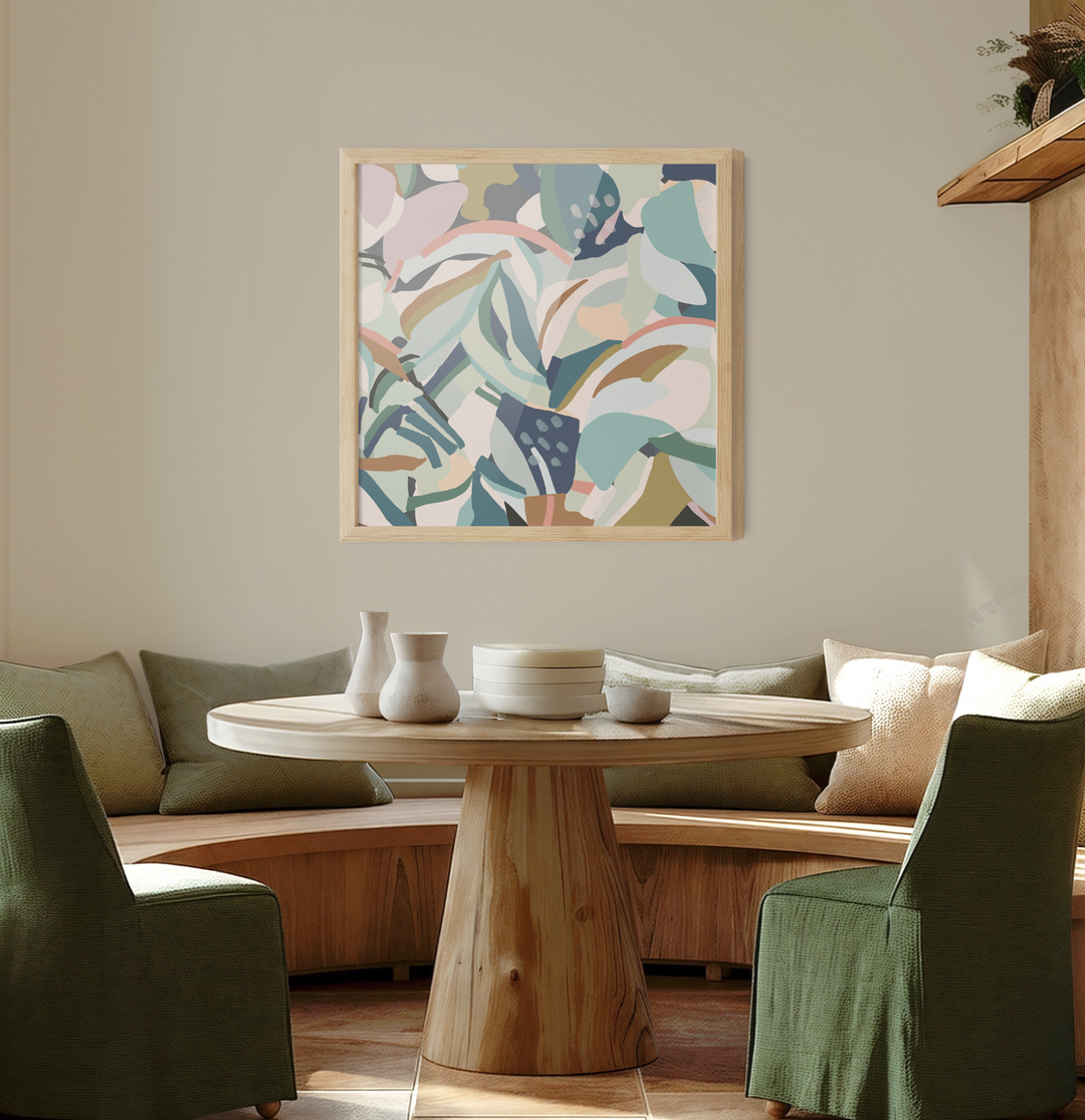 Flurry original abstract canvas artwork with pastel green blue and beige leaf shapes on light background wall art print