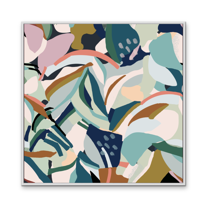 Flurry original abstract canvas artwork featuring overlapping leaves and petals in teal dusty rose olive cream and navy blue