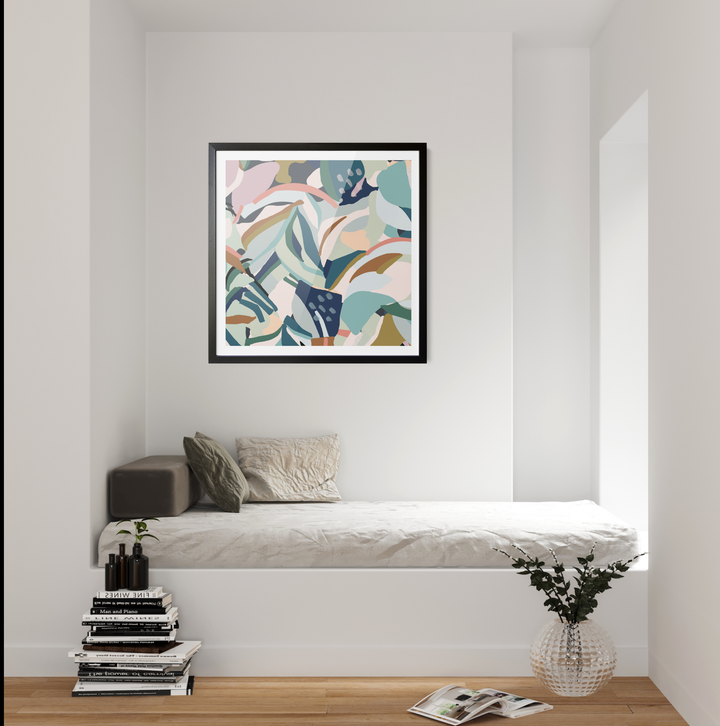 Flurry original abstract canvas artwork featuring soft pastel and muted green leaf shapes in a minimalist style