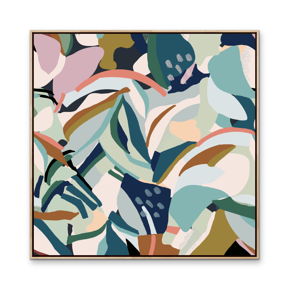 Flurry original abstract canvas artwork wall art print with stylized teal blush pink olive green leaves and petals