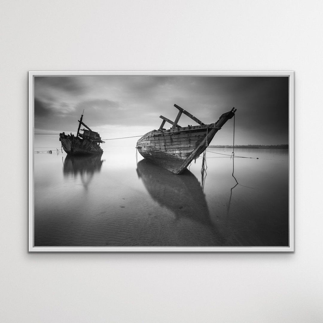 Forgotten Shore - Black and White Boat Landscape Framed Canvas Print Wall Art Print - I Heart Wall Art